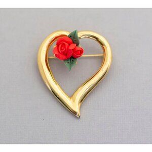Golden heart with red rose vintage brooch (CW1)